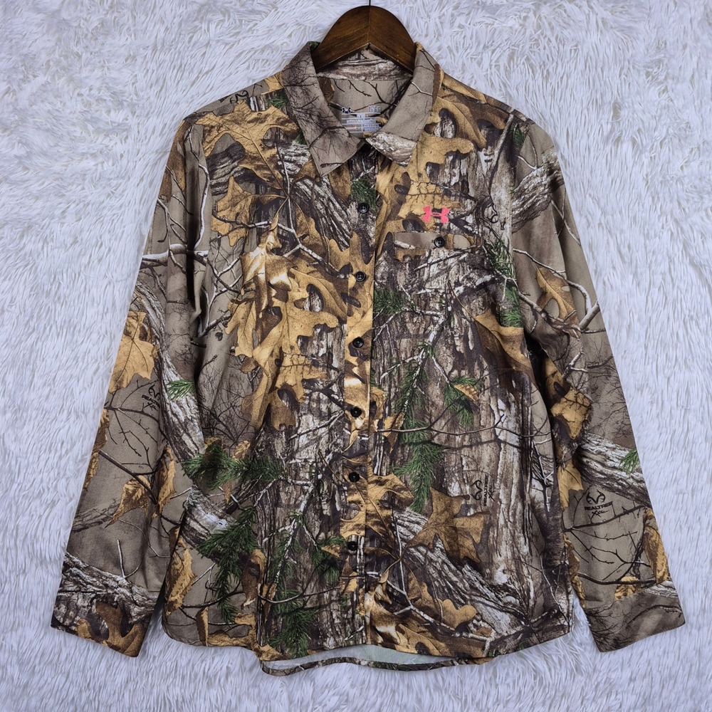 Under Armour Womens Realtree Xtra Camo Button Down Shirt Pink Logo 1253209 L